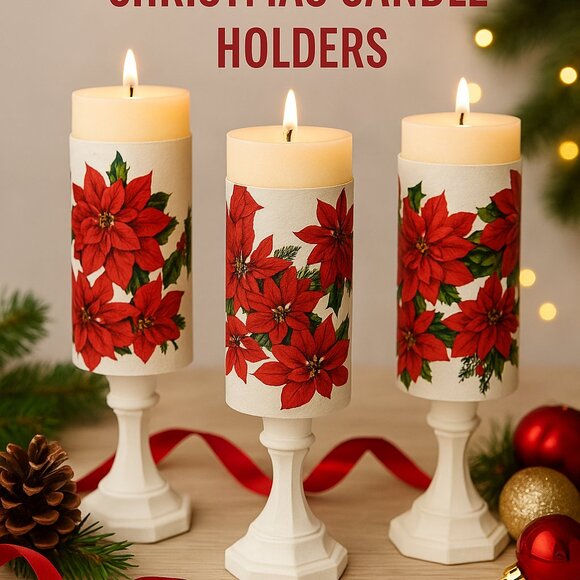 Set of 3 Handmade Poinsettia Christmas Candle Holders / Flower Pots - Picture 1 of 2